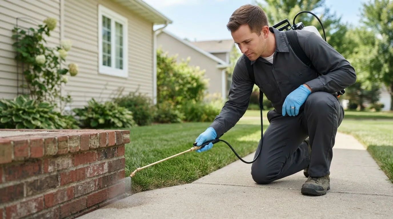 Pest control technician treating a home near Volant, PA